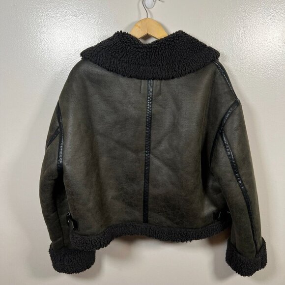 Zara Double Faced Aviator Faux Leather Jacket Size Small Green Shearling Sherpa - Picture 3 of 12